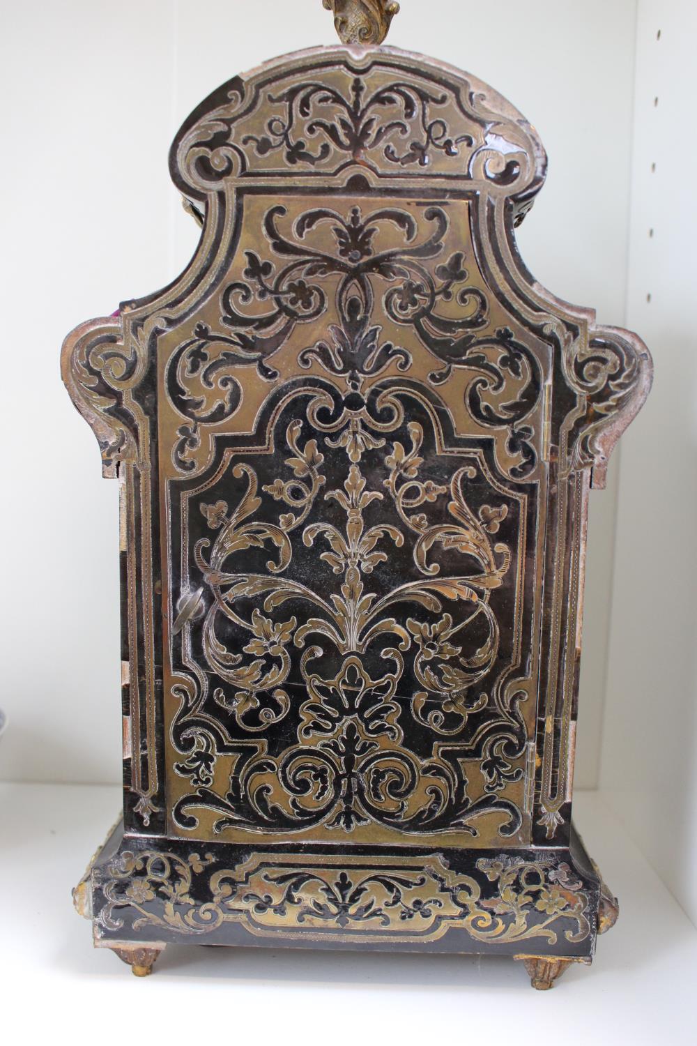 Late 19thC French Boulle mantel clock, The ormolu mounted arched case with all-over brass inlaid - Image 6 of 7