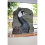 Large Sculpture of a Cormorant on plaque mounted on wooden base unsigned. 41cm in Height