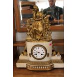 19thC French Alabaster mantel clock with gilt ormolu surmounted figure over Roman numeral dial (with