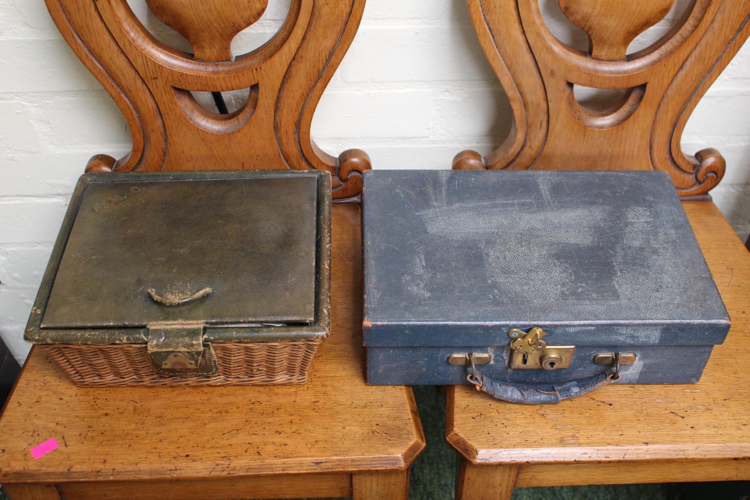 Edwardian Green Leatherette cane sewing basket and a Leatherette sewing case with brass fittings