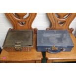 Edwardian Green Leatherette cane sewing basket and a Leatherette sewing case with brass fittings