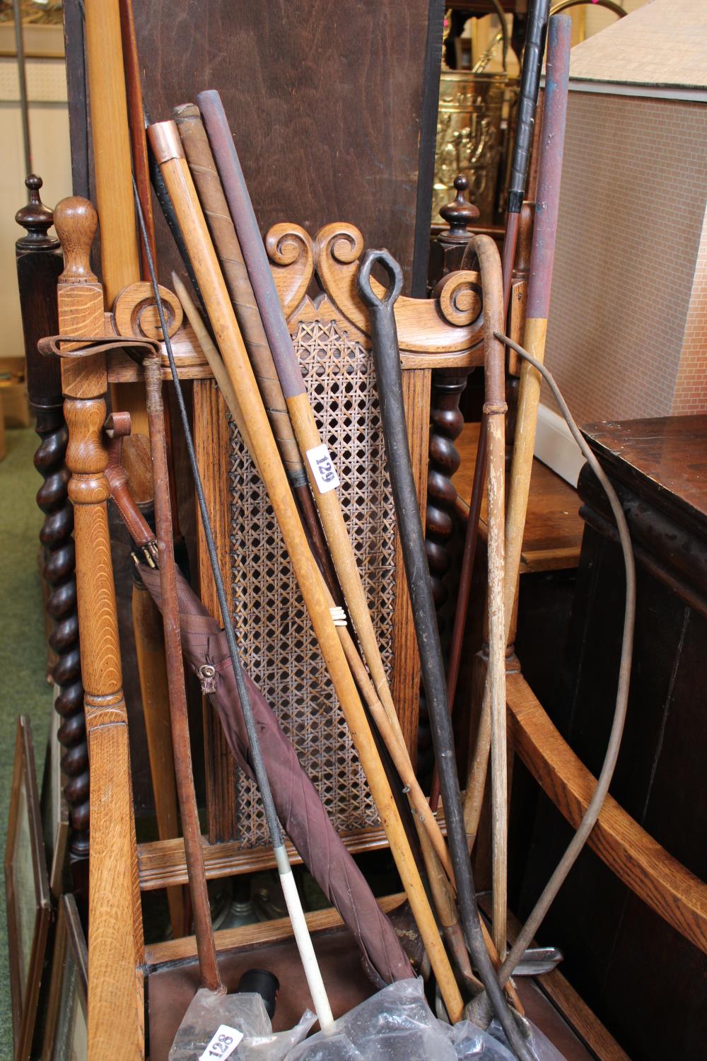 Collection of Vintage Golf Clubs and riding whips and a 9ct Gold topped cane