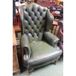 Green Leather Chesterfield Elbow chair with studded detail over cabriole legs