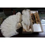 Collection of Antique Fan holders gilded & 2 Ostrich Feather Fans