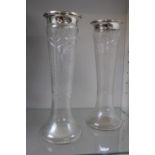 Pair of 20thC Silver Rimmed vases with Cut glass decoration. 25cm in Height