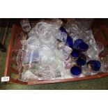 Tray of assorted 19thC and later glassware inc Decanters, Blue glass etc