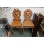 Pair of 19thC Oak Shield back hall chairs on turned legs