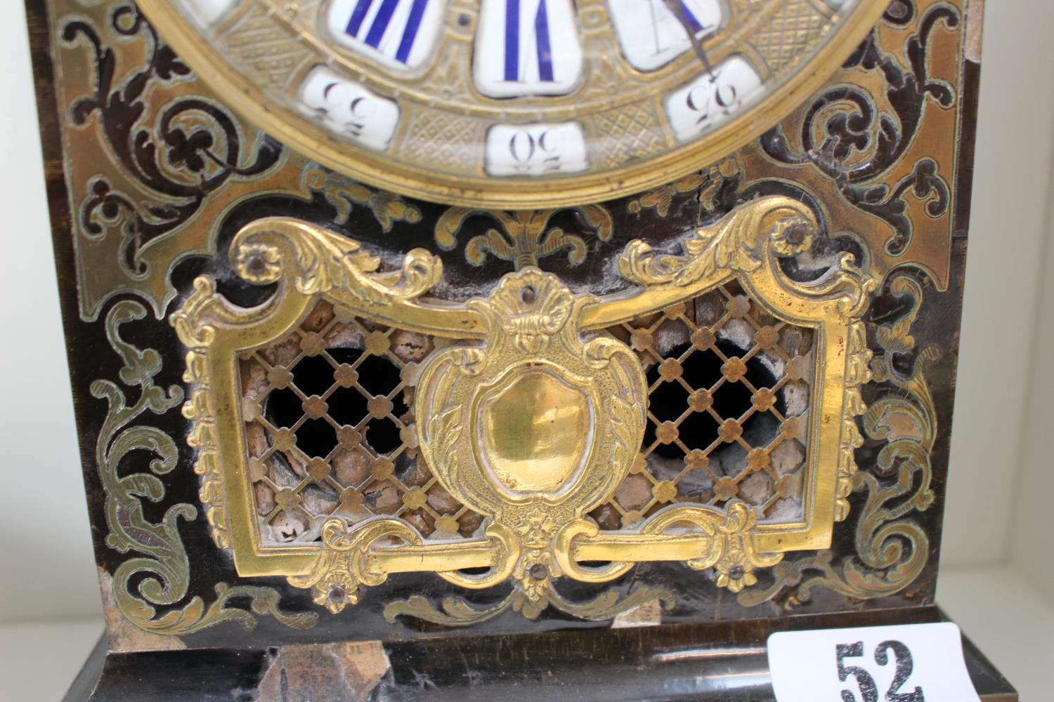 Late 19thC French Boulle mantel clock, The ormolu mounted arched case with all-over brass inlaid - Image 4 of 7