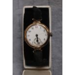9ct Gold Ladies Watch with numeral dial with Moeris Swiss Made movement, on fabric strap