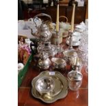 Pair of Good quality Silver plated Candlesticks, SIlver plated Kettle on stand and assorted Silver