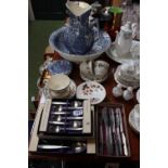 Blue & White Wash Jug and Soap bowl and a collection of Elkington Boston Flatware