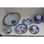 Collection of 19thC Chinese Blue and White ceramics inc Rice Bowl, Bird decorated inhaler etc