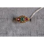 Ladies 12ct Gold Emerald, Ruby & Seed pearl set dress ring. 1.7g total weight. Size O 1/2
