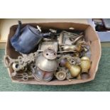 Box of assorted Brassware inc. Candlesticks, Lantern, Carriage etc