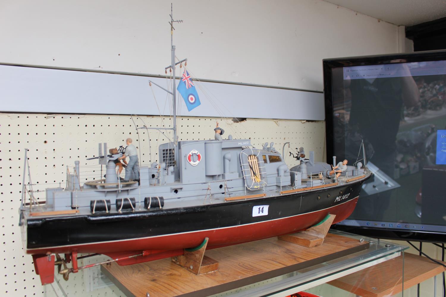 WWII Radio Controlled boat on stand. 90cm in Length