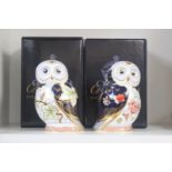 2 Royal Crown Derby paperweights to include Owls Twilight and Daybreak Gold stoppers and boxes