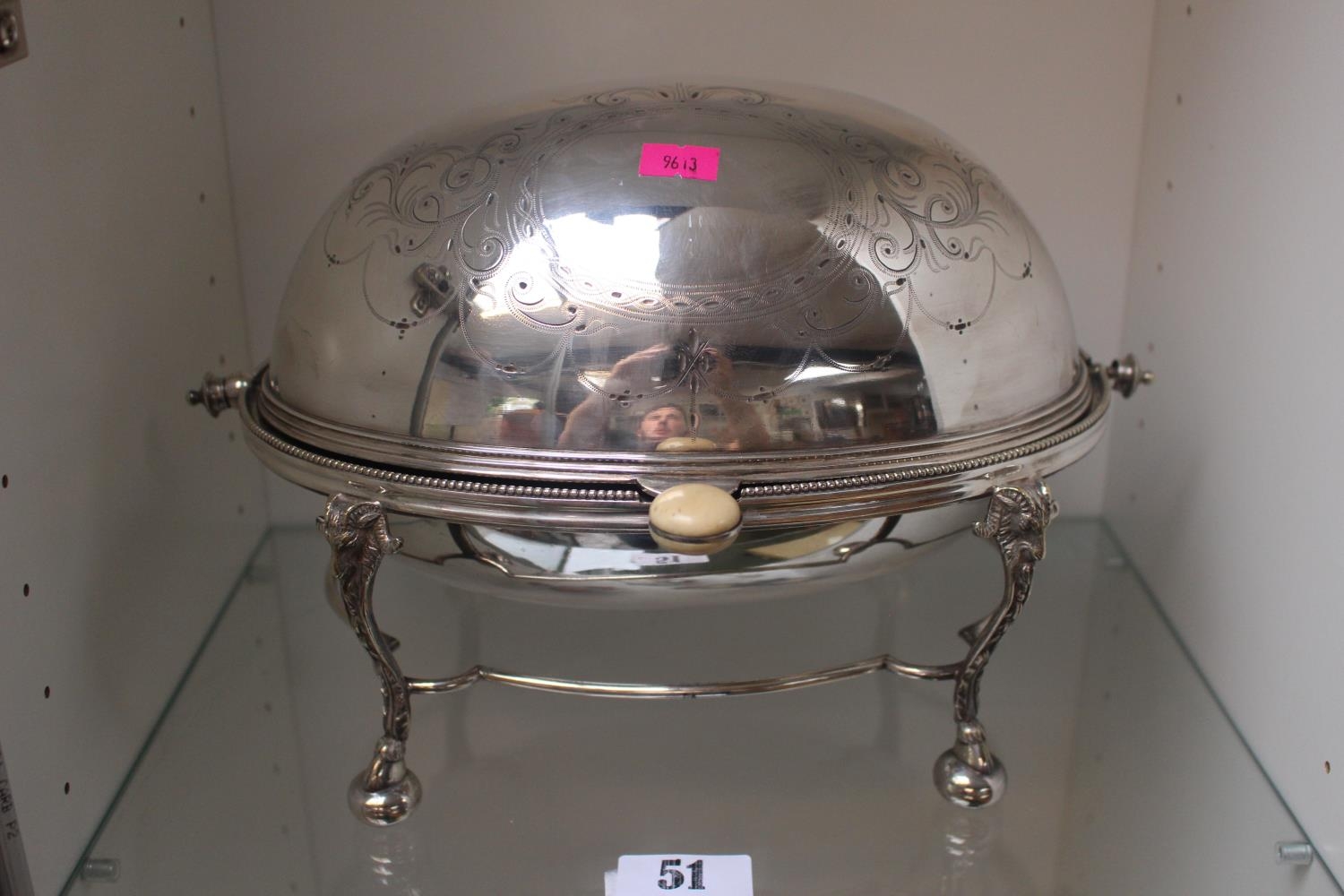 Hukin & Heath Silver plated table tureen of ovoid form supported on Rams head stand