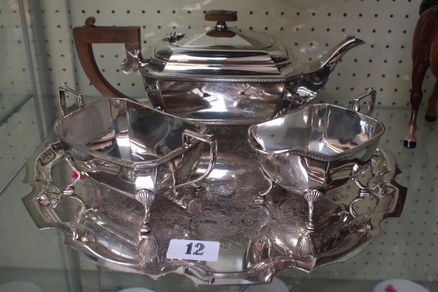 A Poston & Co Silver Plated 3 Piece Tea Set with a SIlver plated gadrooned tray