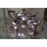A Poston & Co Silver Plated 3 Piece Tea Set with a SIlver plated gadrooned tray