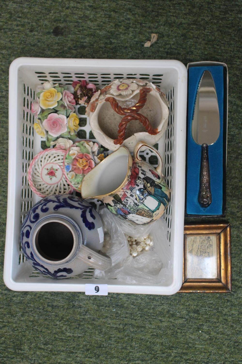 Basket of assorted Ceramics and collectables inc. Grimwades Welsh Characters Jug, Salt glaze vase