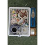 Basket of assorted Ceramics and collectables inc. Grimwades Welsh Characters Jug, Salt glaze vase