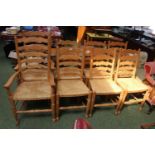 Set of 20thC Beech Ladderback dining chairs with rush seats