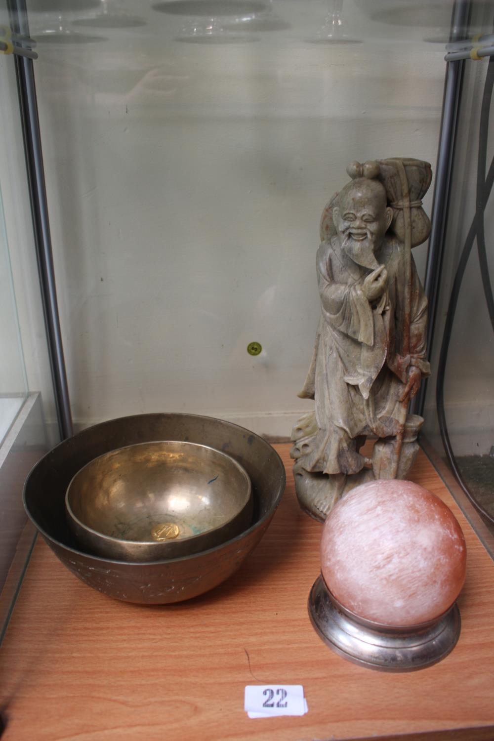 2 Brass Asian Singing Bowls, Large Polished Stone ball on brass stand and a Soapstone carved