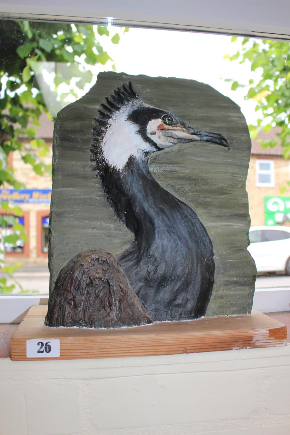 Large Sculpture of a Cormorant on plaque mounted on wooden base unsigned. 41cm in Height
