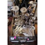 Box of assorted Silver plated tableware inc Candelabra, Part Tea Set etc