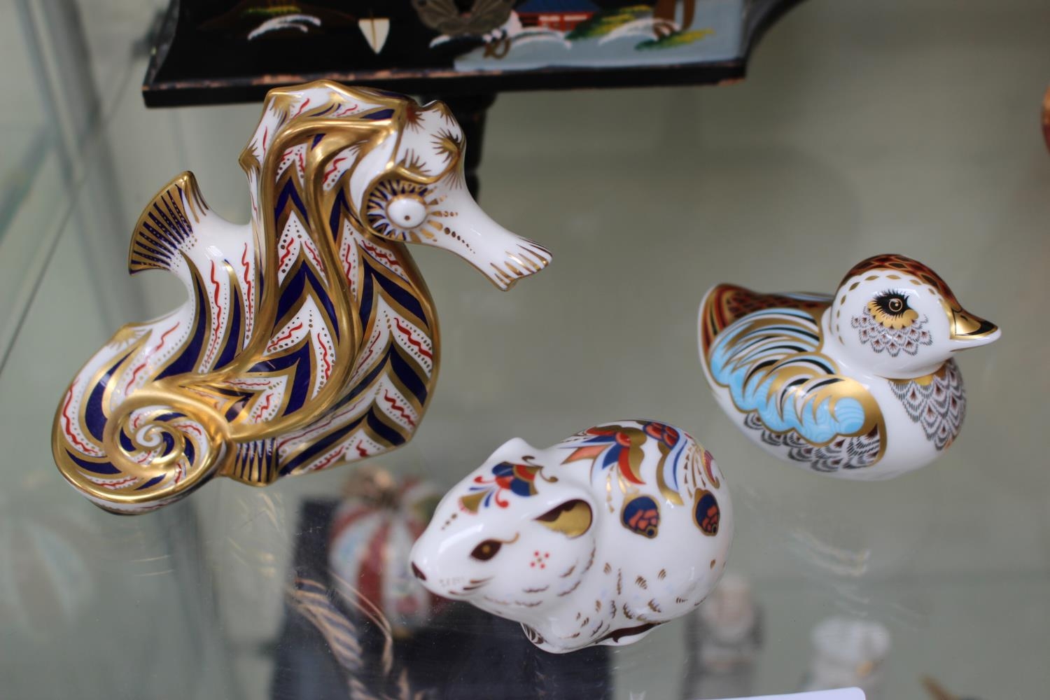 Collection of 3 Royal Crown Derby figures inc. Seahorse with gold seal, Duckling with gold seal