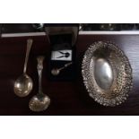 Edwardian Silver pierced bon bon dish, Silver Sugar sifting spoon and 2 other spoons