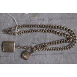 Edwardian Silver watch chain with T Bar, Shell Charm & Shield shaped pendant 57g total weight