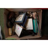 Box of assorted Metal ware inc. Kodak camera, Cutlery etc