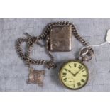 Silver cased Pocket watch with roman numeral dial, Silver watch chain, Silver St Johns Ambulance fob