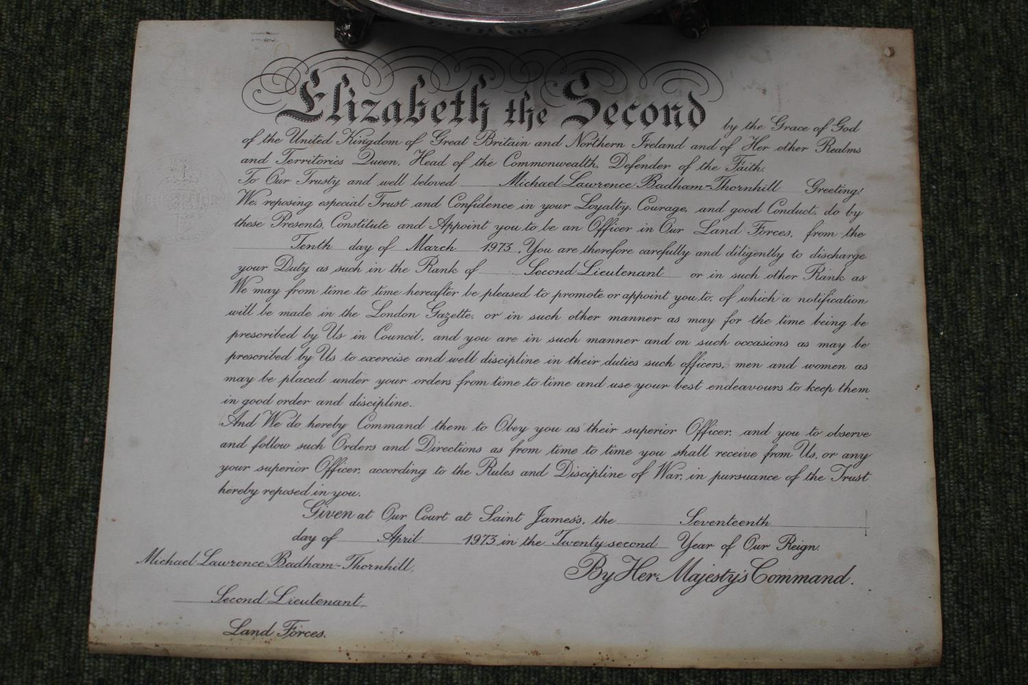 QE II Good Conduct certificate for Michael Lawrence Badham-Thornhill and a Silver plated tureen base - Image 2 of 4