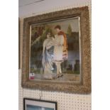 Gesso framed embroidery of a Romanesque couple signed Maud Dann dated 1907