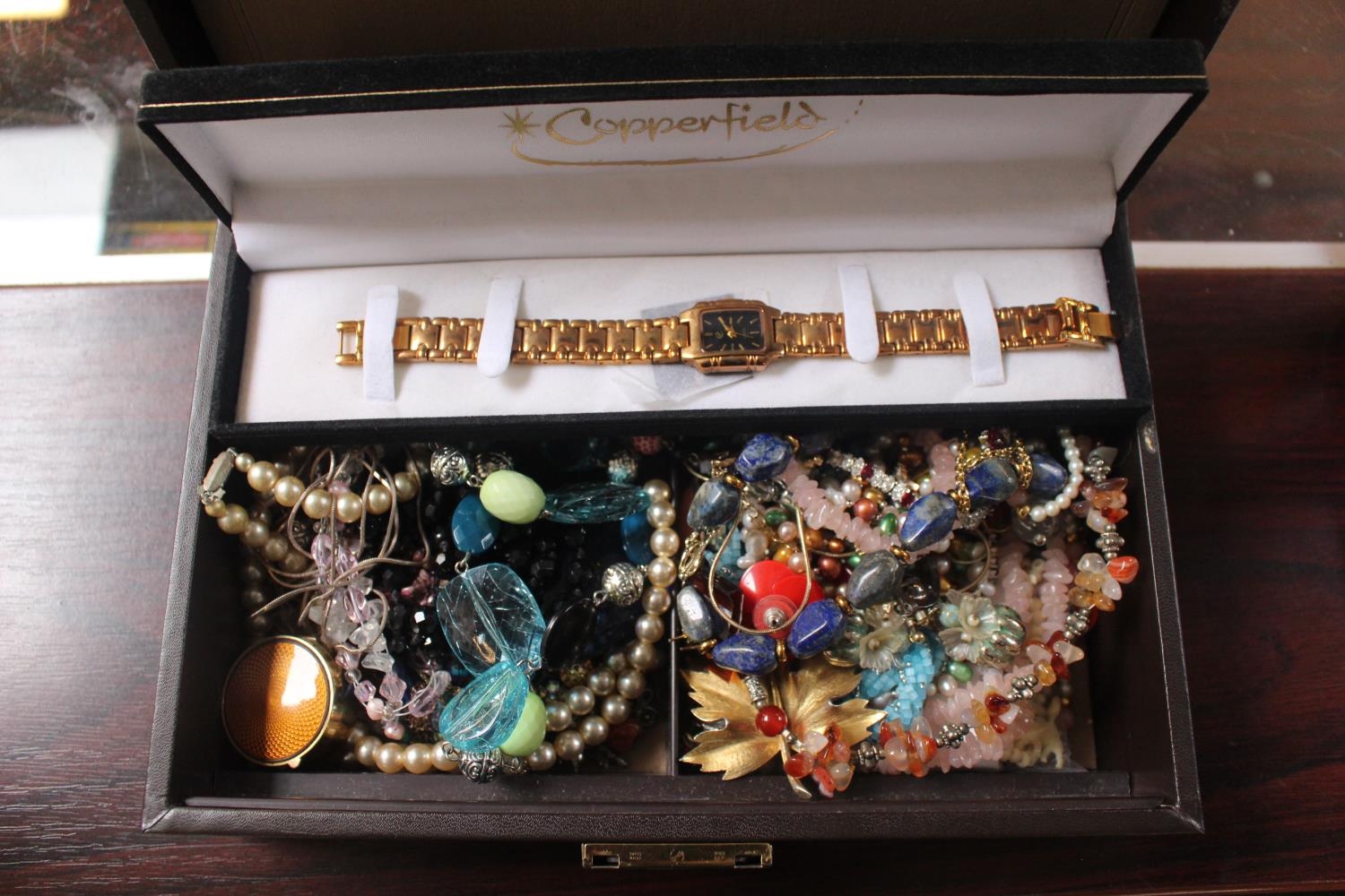Box of assorted Costume jewellery inc Necklaces, Earrings, Wristwatch etc