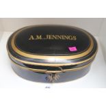 Antique Black and Gilt oval box marked A M Jennings by Ravenscroft Law wig & Robe makers of Lincolns