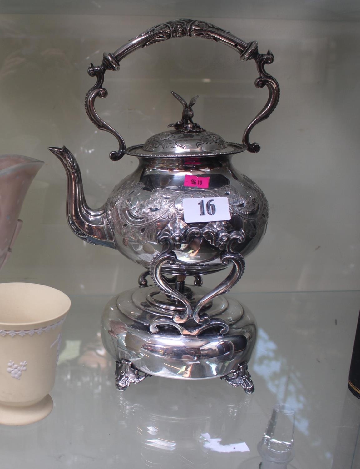 Good quality Edwardian Silver plated Spirit Kettle on stand, engraved foliate decoration