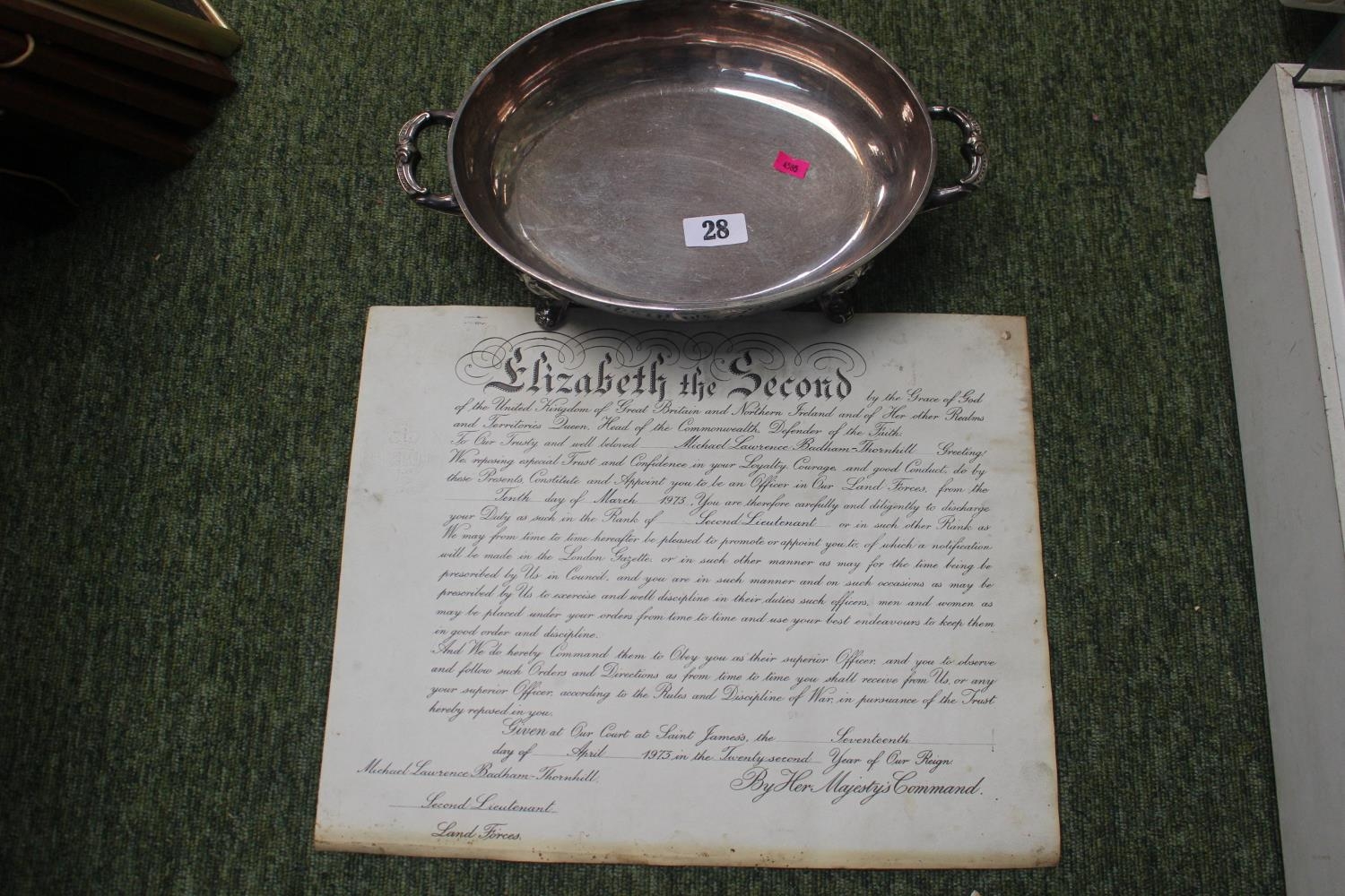 QE II Good Conduct certificate for Michael Lawrence Badham-Thornhill and a Silver plated tureen base