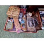 Collection of assorted Ceramics and Bygones inc. Dutch Cigarette Press, Flat Irons, Staffordshire