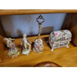 Capodimonte Domed top figural decorated Casket, Table Bell and 2 figurines