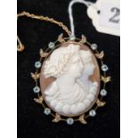 Fine 19thC Portrait Cameo mounted in Seed Pearl and Tourmaline setting 55mm in Height