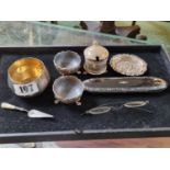 Collection of Edwardian an later Silver Cruet ware 142g total, White metal figural embossed ashtray,