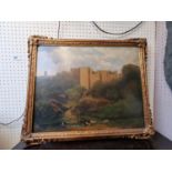 19thC Gilt Gesso Framed Oil on canvass of castle ruins upon hillside with cattle to foreground,