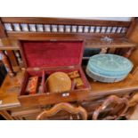 Walnut box and assorted Vintage table games and a oval upholstered gout stool