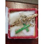 Victorian 9ct Gold Seed Pearl Set bar brooch and a Jade yellow metal cross