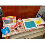 Collection of Vintage Children's Toys inc. Fisher Price Music Box TV, School Days Desk, Record