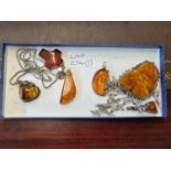 Collection of Silver set Amber Pendants some on chains