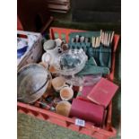 Large box of assorted Glassware, Flatware and a Brass Jam Pan